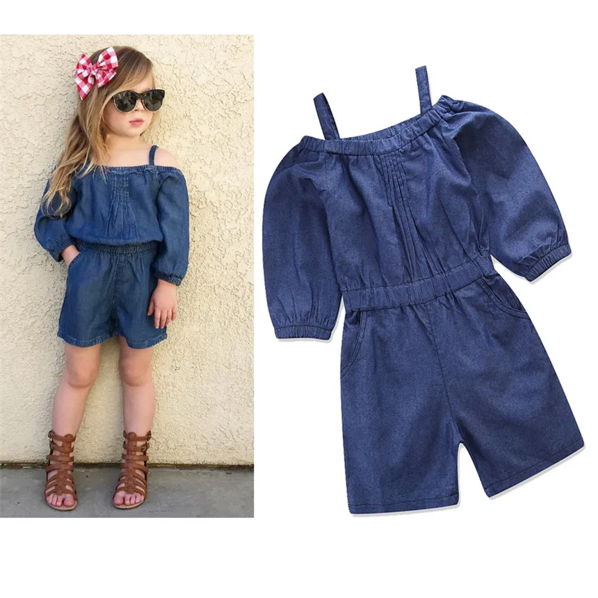 Одежда для маленьких девочек г. модный однотонный джинсовый сплошной комбинезон с открытыми плечами и поясом летняя одежда для маленьких девочек От 1 до 5 лет - Цвет: Синий