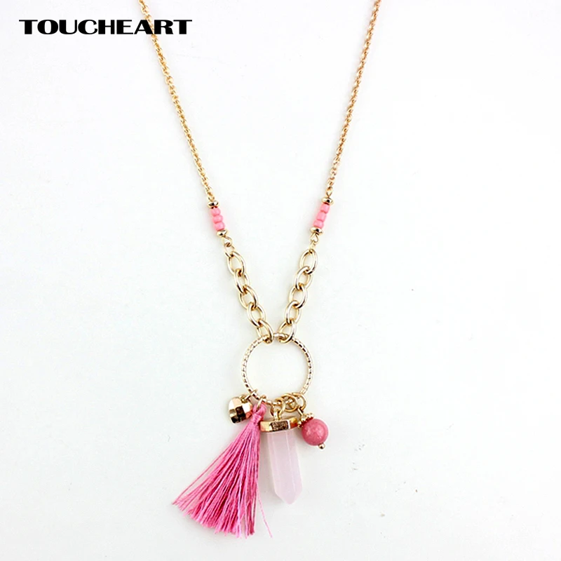 

2016 New Cold Long Necklace Women Pink Natural Stone Tassel Necklaces & Pendants Love Jewelry Bijouterie Collier Femme SNE160050