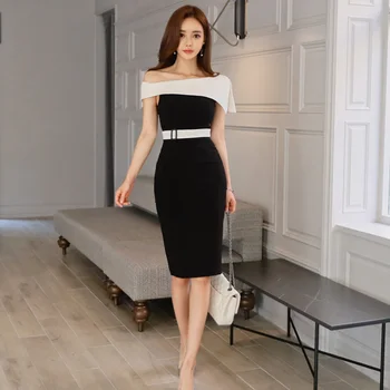 

New 2019 Summer Women Long dress Slash neck Slim Contrast Color Off-the-shoulder Gown Dresses 598