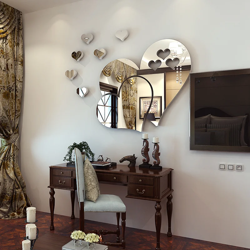 

Heart shape 3d mirror wall decor dining room sofa wall decorative mirror sticker