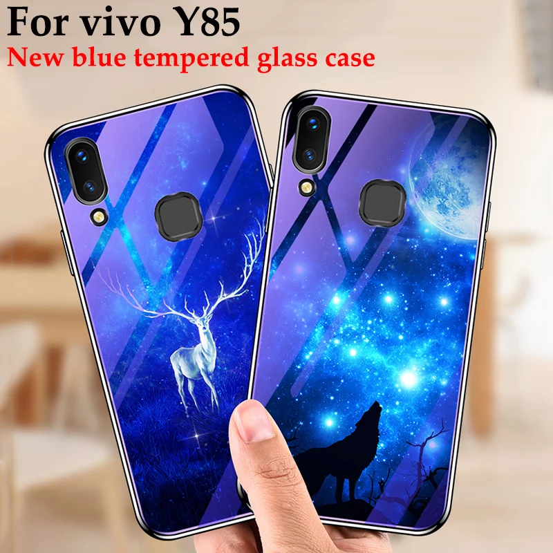 Чехол для Vivo Y85 Y 85 чехлы телефонов окрашенное синее закаленное стекло + Мягкая