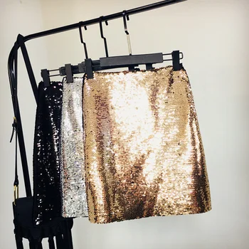 

2019 New Fashion Silver Sequined High Waist A-line Skirt All-match Women's Short Skirt Blingbling One-step Skirts