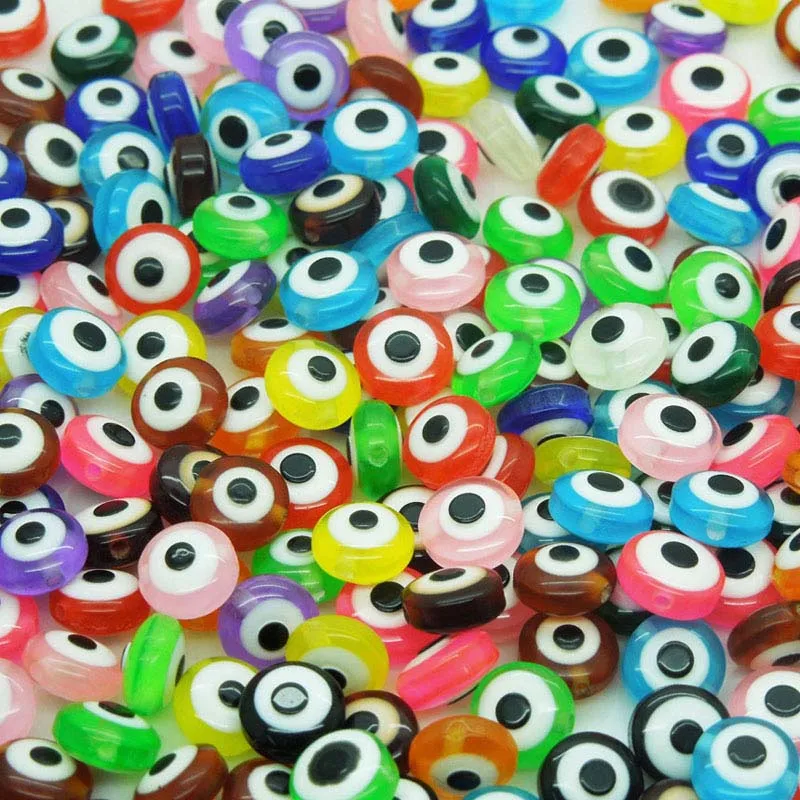 

200pcs Random Mixed Evil Eye Flat Round Resin Spacer Beads For DIY Garment Accessories 8x5mm