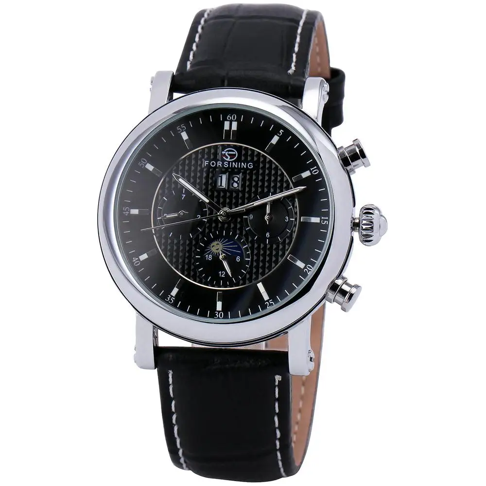 Winner Men Automatic Mechanical Watch Black Leather Strap Supersize Case Sub dials Business Vogue Box
