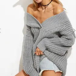 Бесплатная размеры для женщин с открытыми плечами свитеры для Sexy V образным вырезом без бретелек Высокое качество утолщаются вязать пальт