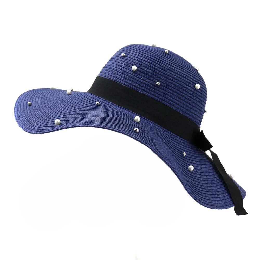 طوي كبيرة حافة القش قبعة الصيف النساء اللؤلؤ قبعات للحماية من الشمس الكورية نمط Bowknot الشاطئ قبعات لسيدة السفر الظل قبعات