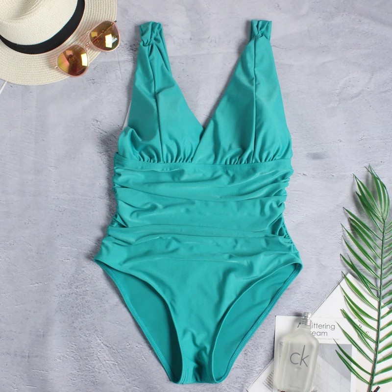 

Deep V- Neck One Piece suit Smocked Front Swimwear Backless Summer Beachwear Malliot de Bain Femme 2019