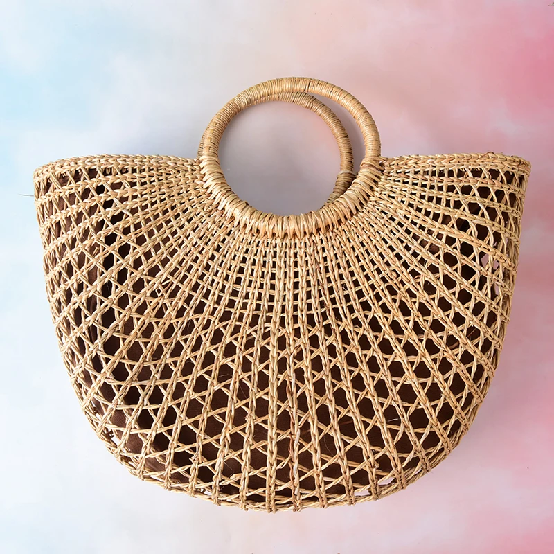 

Women Circle Straw Bags Khaki Handmade Bali Lady Purse Handles Round Women's Beach Bag Big Summer Rattan Handbags Bohemia