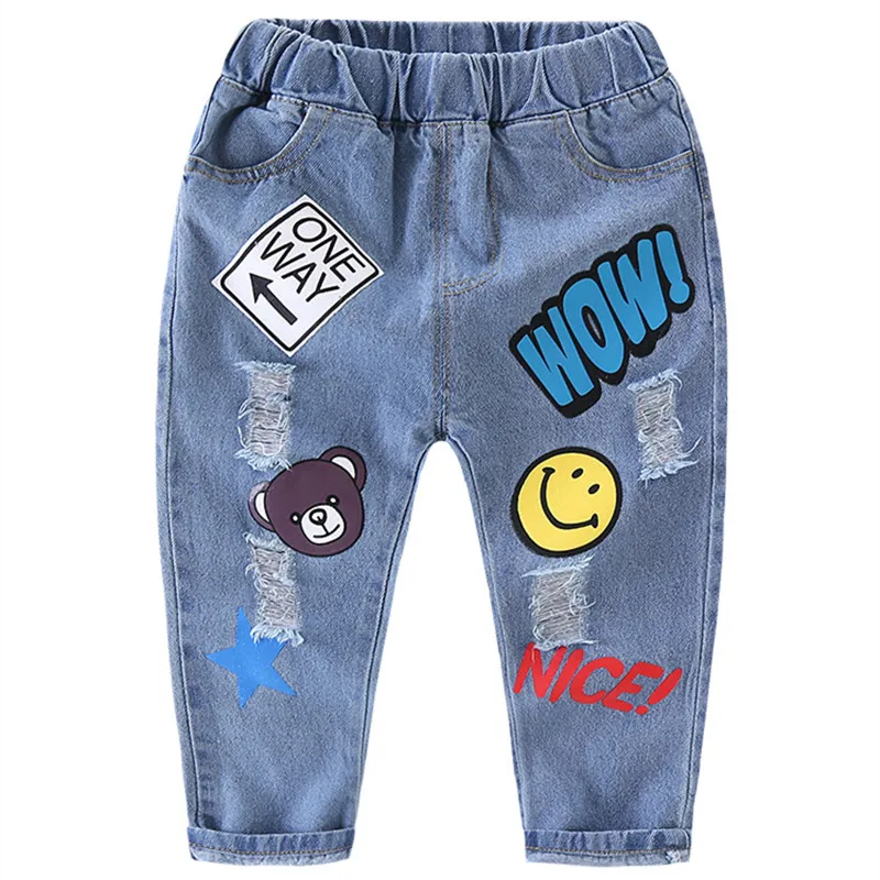 2 Fall & Winter Boys Pants Cartoon Jeans Boy Jeans Ripped Broken Holes Kid Denim Pants Trousers Cotton Elastic Waist Boy Clothing