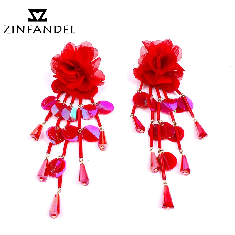 

ZINFANDEL Brand Ornaments European Popular Flower Resin Sequins Earrings Woman High Upscale Long Fund Tassels Eardrop Jewelry