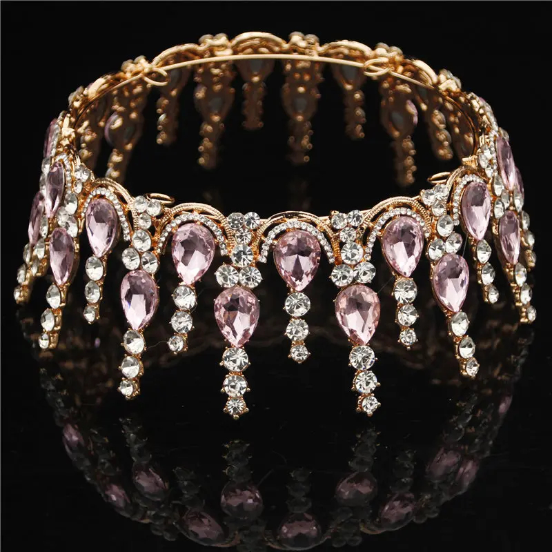 Gold Pink Разноцветные хрустальные серебряные золотые круглые диадемы свадебная корона свадебный головной убор Стразы диадема ювелирные изделия Аксессуары для волос - Окраска металла: Gold Pink