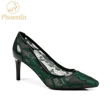 

Phoentin green mesh womens high heels fashion 2018 party shoe woman spring summer genuine leather patchwork ladies pumps FT439