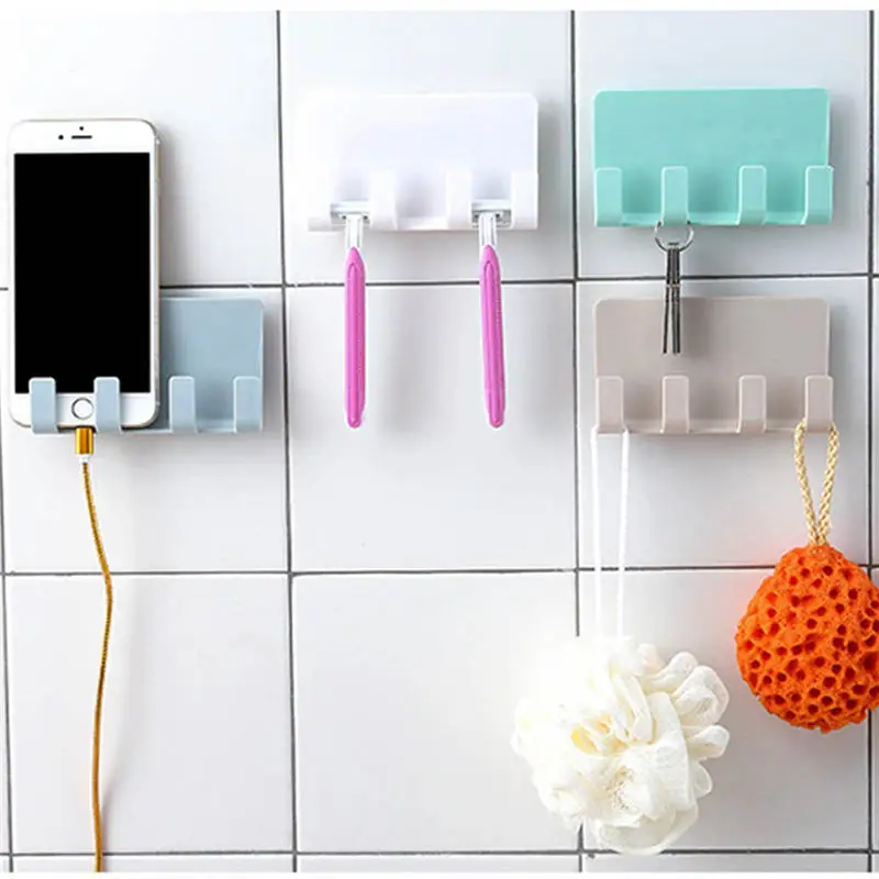 

4 Hooks Plastic Phone Charger Holder Storage Door Wall Suction Plug Razor Key Brush Storage Hanger Rack For Kitchen Bathroom