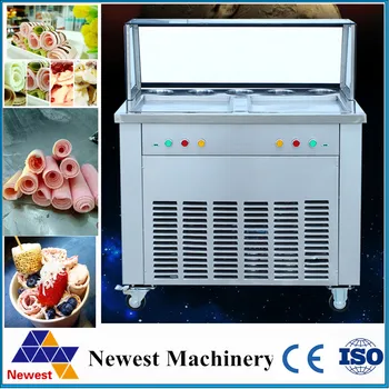 

Double Pans Fried Ice Cream Machine 2 square Pans Ice Cream Roller Making Machine with Salad Fruit Workbench 5pcs Tanks Cooling