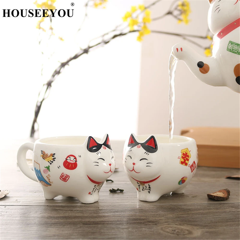 3Pcs/lot Plutus Cat Ceramic 1 Teapot 2 Mugs Cute Lucky Cat Cartoon Cups Teapots Coffee Milk Mug Sets Breakfast Afternoon Tea Pot
