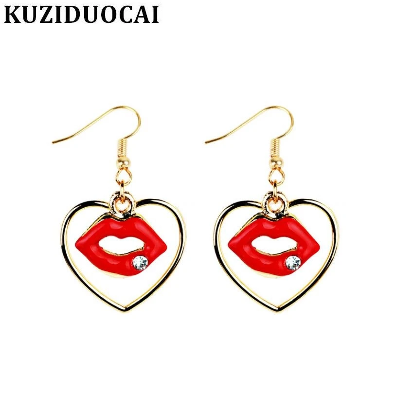 

Kuziduocai 2017 New ! Fashion Fine Jewelry Gold Color Heart-shaped Flames Red Lips Rhinestones Stud Earrings For Women Gifts E-2