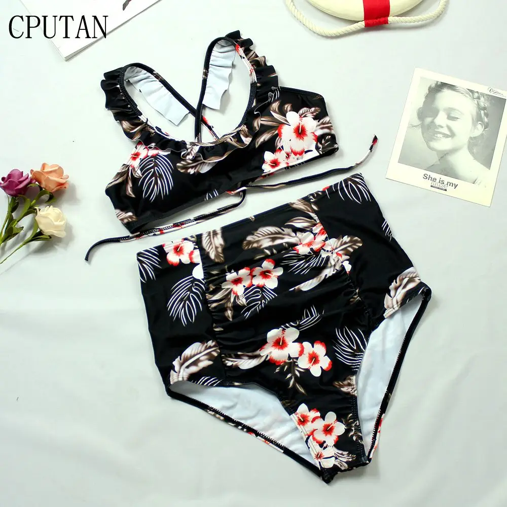 2019 Swimwear High Waist Bikini Women Ruffle Swimsuit Two piece Print Brazilian Sexy Tankini Swimming Suit Push Up Bathing Suit