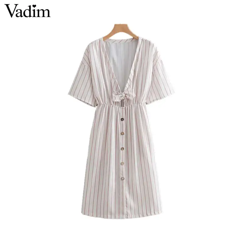 

Vadim women elegant V neck striped dress bow tie elastic waist short sleeve pleated female knee length dresses vestidos QA209
