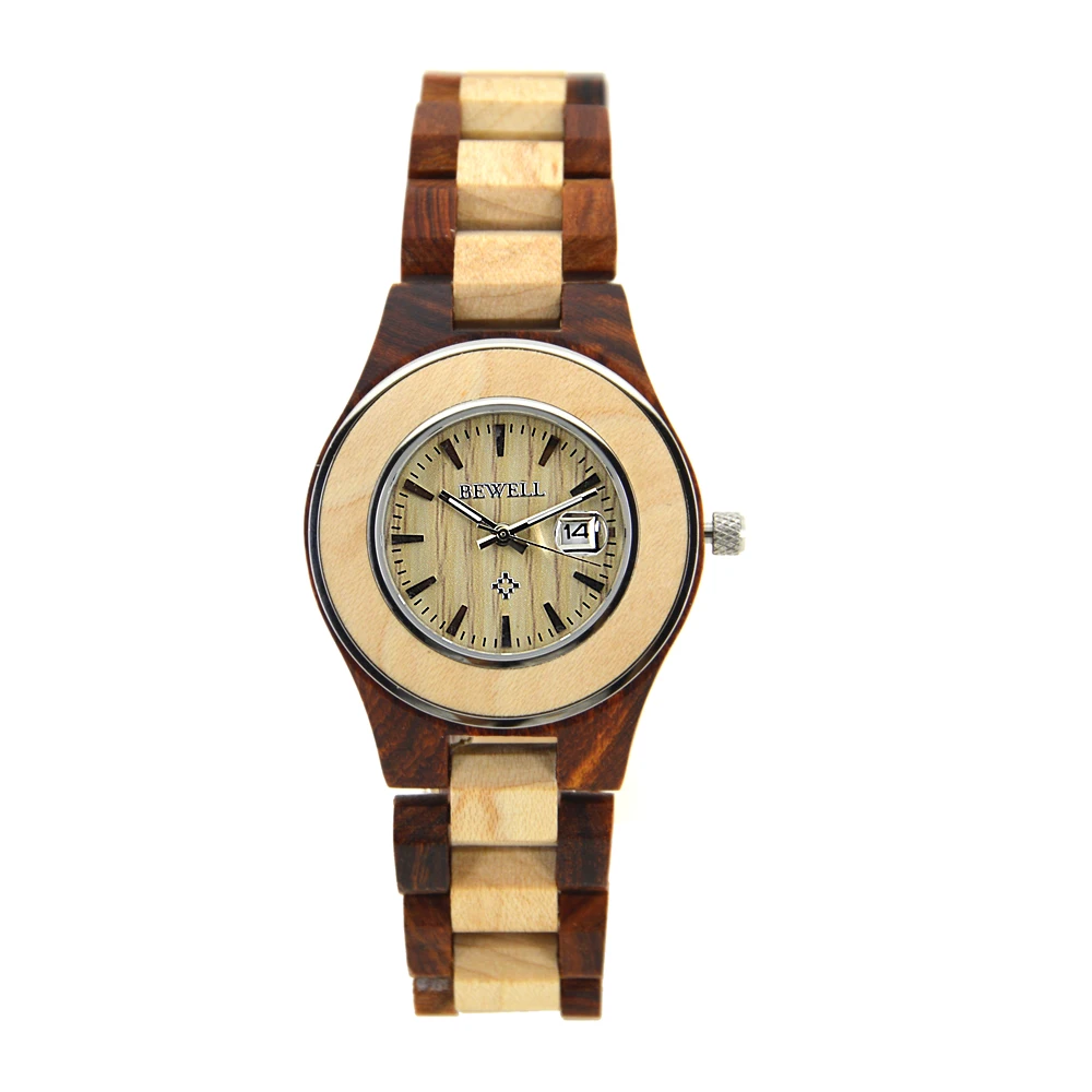 

BEWELL Women Wood Watches Fashion Casual Quartz Watch Calendar Display Round Dial Luminous Pointers Ladies Relogio Box 100AL