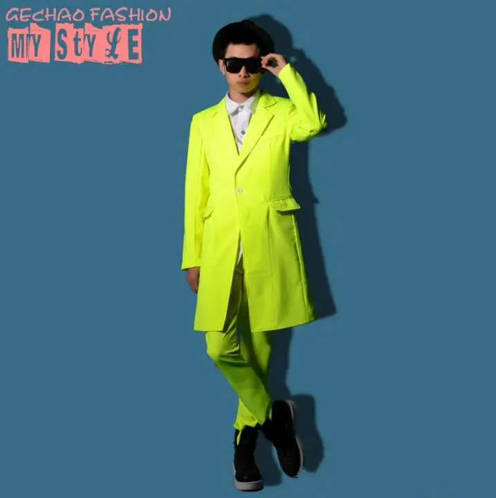 Мужской приталенный модный Блейзер большого размера, мужской певец, неоновый, лимонный, желтый, флуоресцентный зеленый костюм, костюм, топ, официальное мужское платье