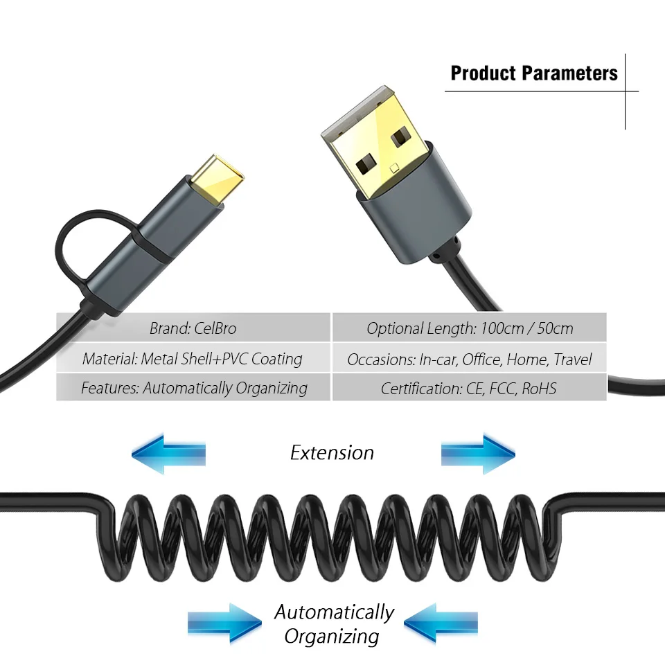 USB кабель Micro usb type-C, пружинный спиральный кабель 2 в 1, мульти USB кабель для зарядного устройства, кабель для huawei, samsung, Xiaomi, Oneplus, htc