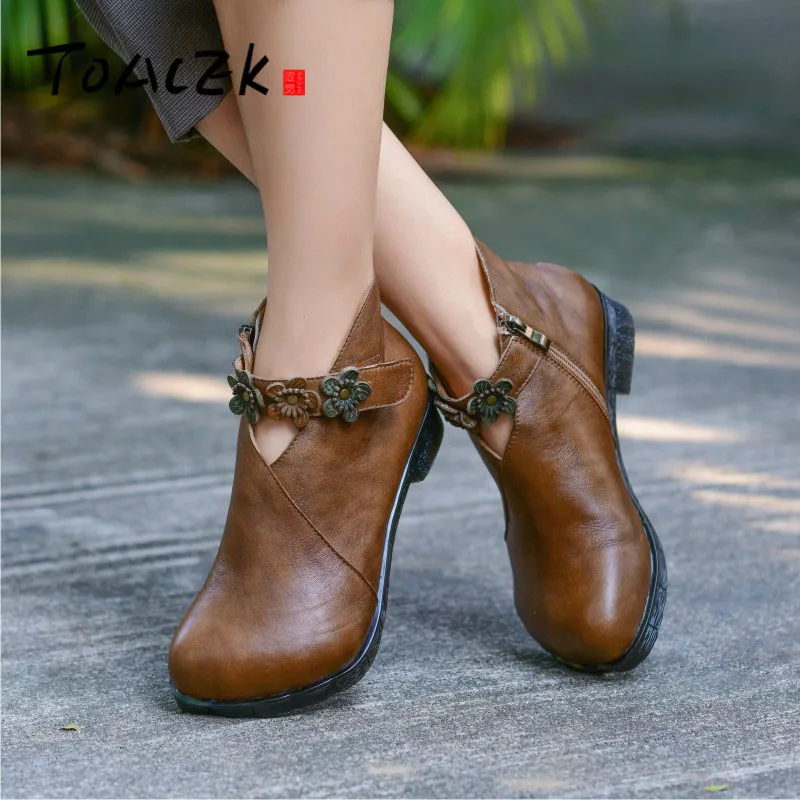 

Winter new hand-made leather women's shoes top layer cowhide square head five finger bottom comfortable short boots