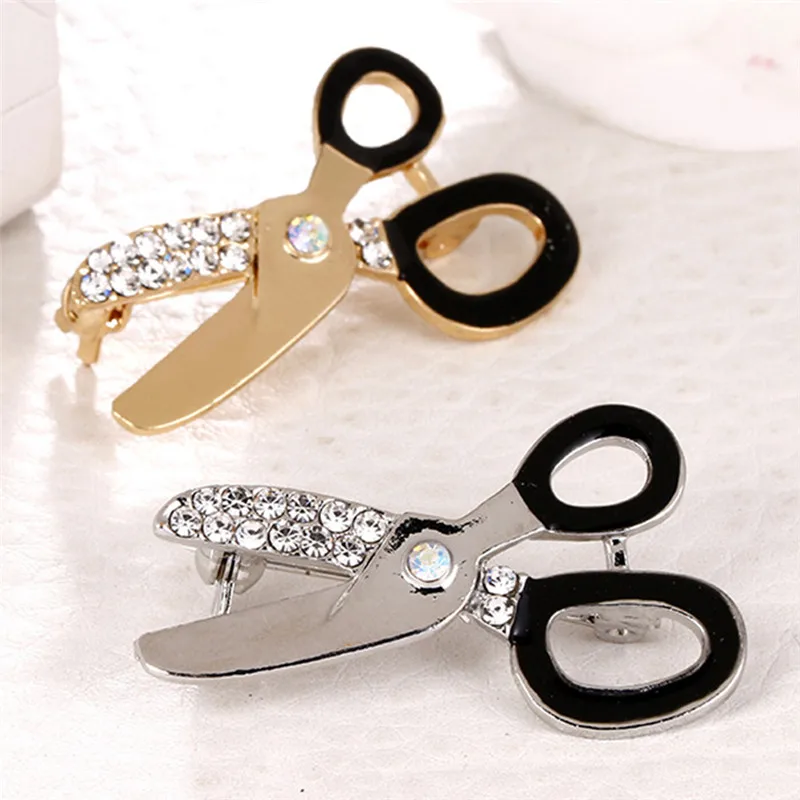 Black Enamel Metal Brooches Brand Design Clothes Clip Fashion Small Crystals Scissors Brooch Hats Collar Pins Joias Ouro | Украшения и