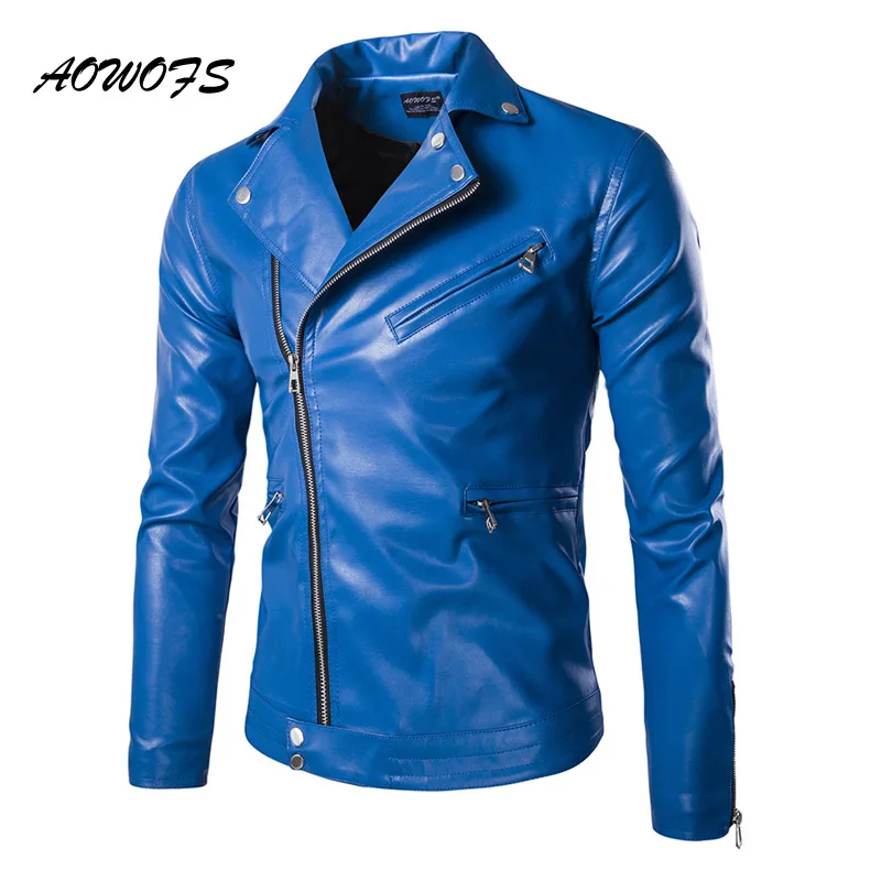 AOWOFS Mens Blue Leather Jackets Slim Fit Leather Blouson Jacket Coats Designer Punk Leather Biker Jackets for Men Spring 5XL