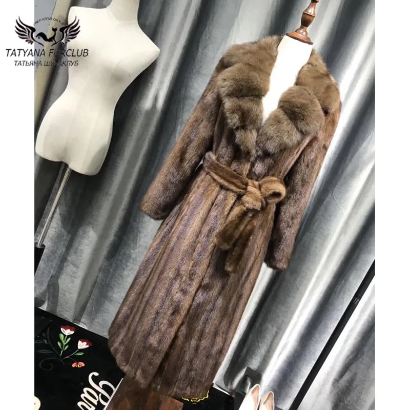 

Tatyana 2018 New Coming Real Mink Fur Coats Women X-Long 110 Cm Coffee Mink Fur Coat With Belt Hot Sell Russia Winter Fur Jacket