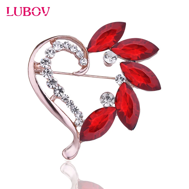 

LUBOV Colorful Crystal Leaves Rhinestone Inlaid Golden Metal Brooches Pin Heart Design Romantic Love Statement Women Brooch Pins