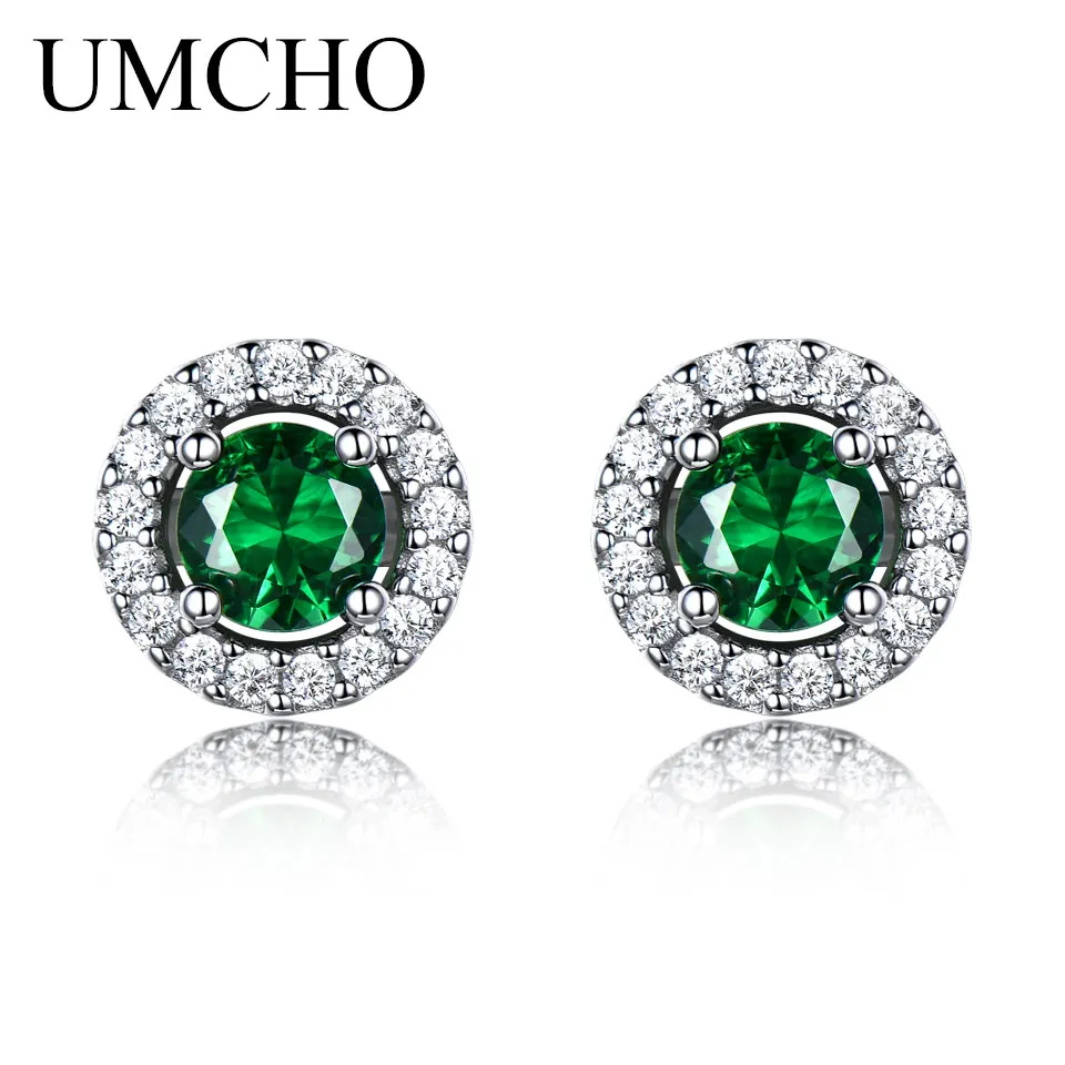 

UMCHO Princess Stud Earrings Nano Emerald Gemstone 925 Sterling Silver Earrings For Women Classic Round Gemstone Fine Jewelry