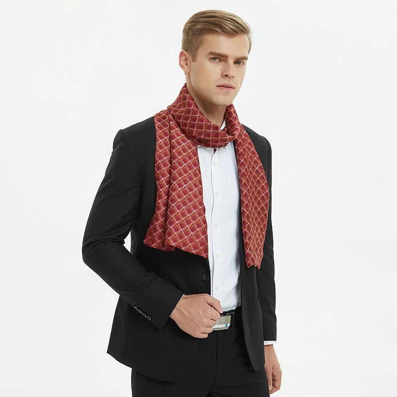 Winter Silk Scarf for Men Fashion Paisley Plaid Print Red Scarves Double-faced Twill Long Shawl 170X30cm Luxury Brand Men Scarfs