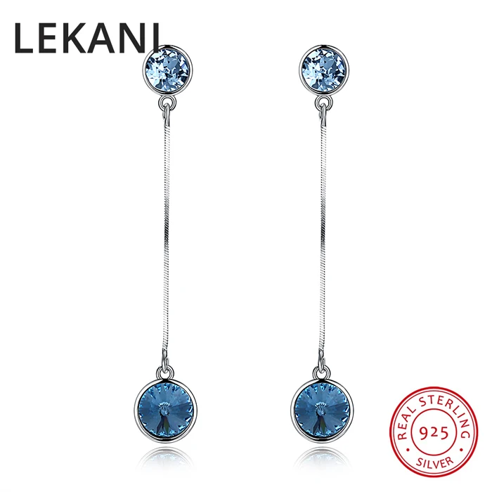 LEKANI,, синие кристаллы от SWAROVSKI, длинная цепочка, висячие серьги, S925 серебро, прекрасные серьги для женщин, свадебные подарки - Цвет камня: Синий