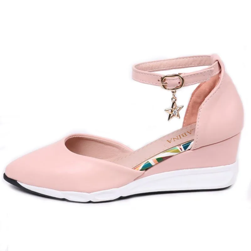 RizaBina Office Lady Wedges Sandals Ankle Strap Pointed Tie Solid Color Wedges Sandals Summer Vacation Women Shoes Size 33-40