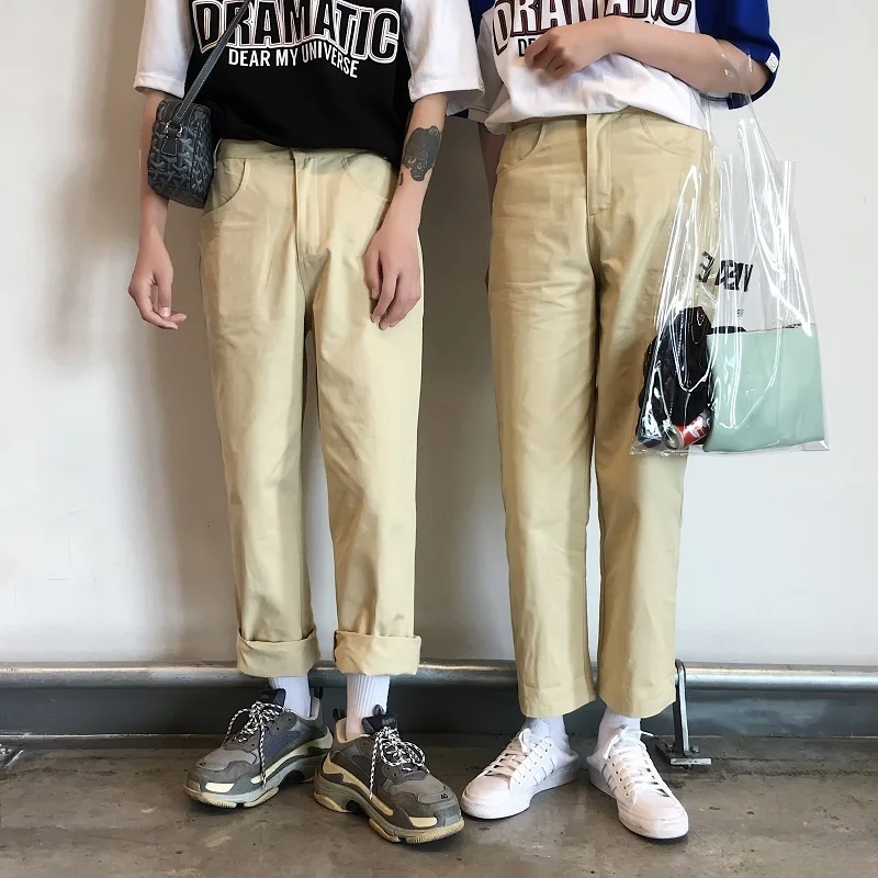 Fashion Casual Men's Straight Pants All Seasons New M-XL Cotton Solid Color Loose Pants Khaki Personality Youth Popular