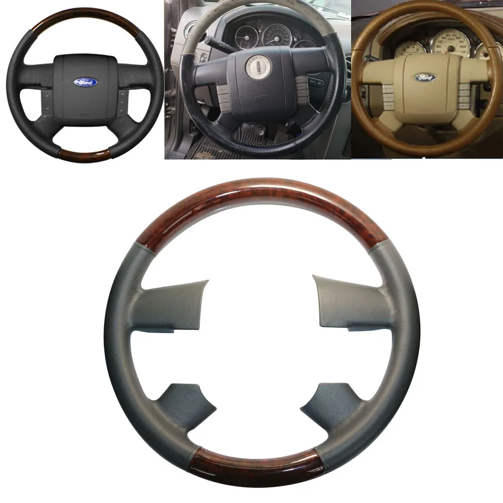 

Grey Leather Brown Wood Steering Wheel Protector Cover Cap for 2004-2008 Ford F150 F-150 FX4 SuperCrew Heritage Lincoln Mark LT