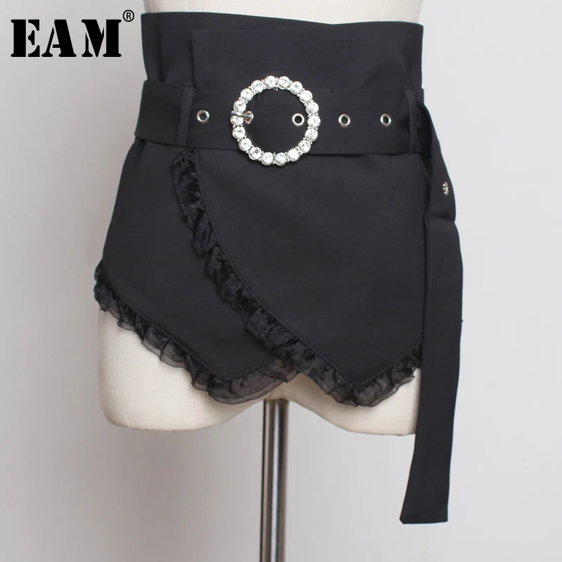 

[EAM] 2019 New Spring Summer black ruffles split joint irregular Personality wide belt Women Fashion Tide All-match JW198