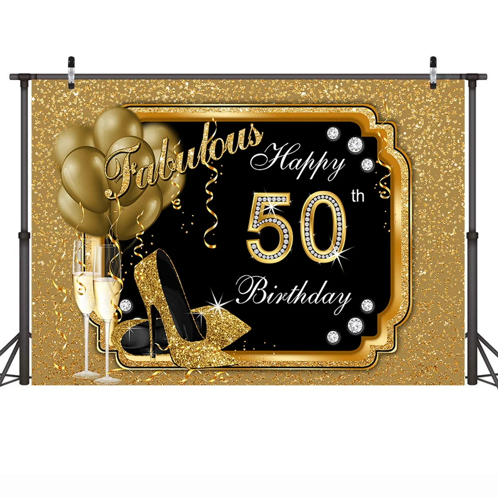 50th Birthday Party Photography Backdrops for Lady Golden High heels and Frame Balloon Photo Background Celebration Props