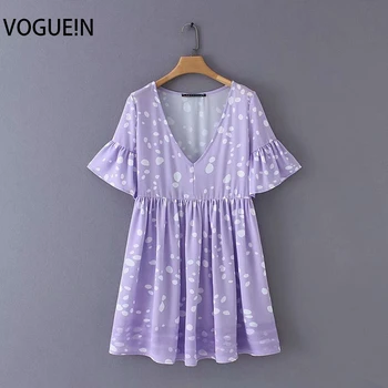 

VOGUEIN New Womens Summer Dot Print V-Neck Flare Sleeve Light Purple Mini Dress Wholesale