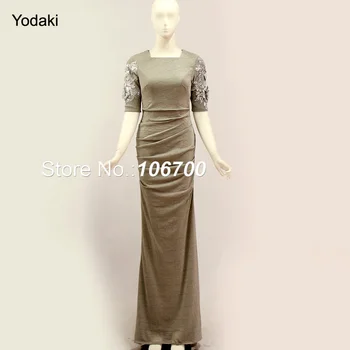 

New Style Half Sleeves With Lace Appilques Mermaid Prom Dresses Square Collar Pleat Ruched Mermaid Long Party Evening Gowns