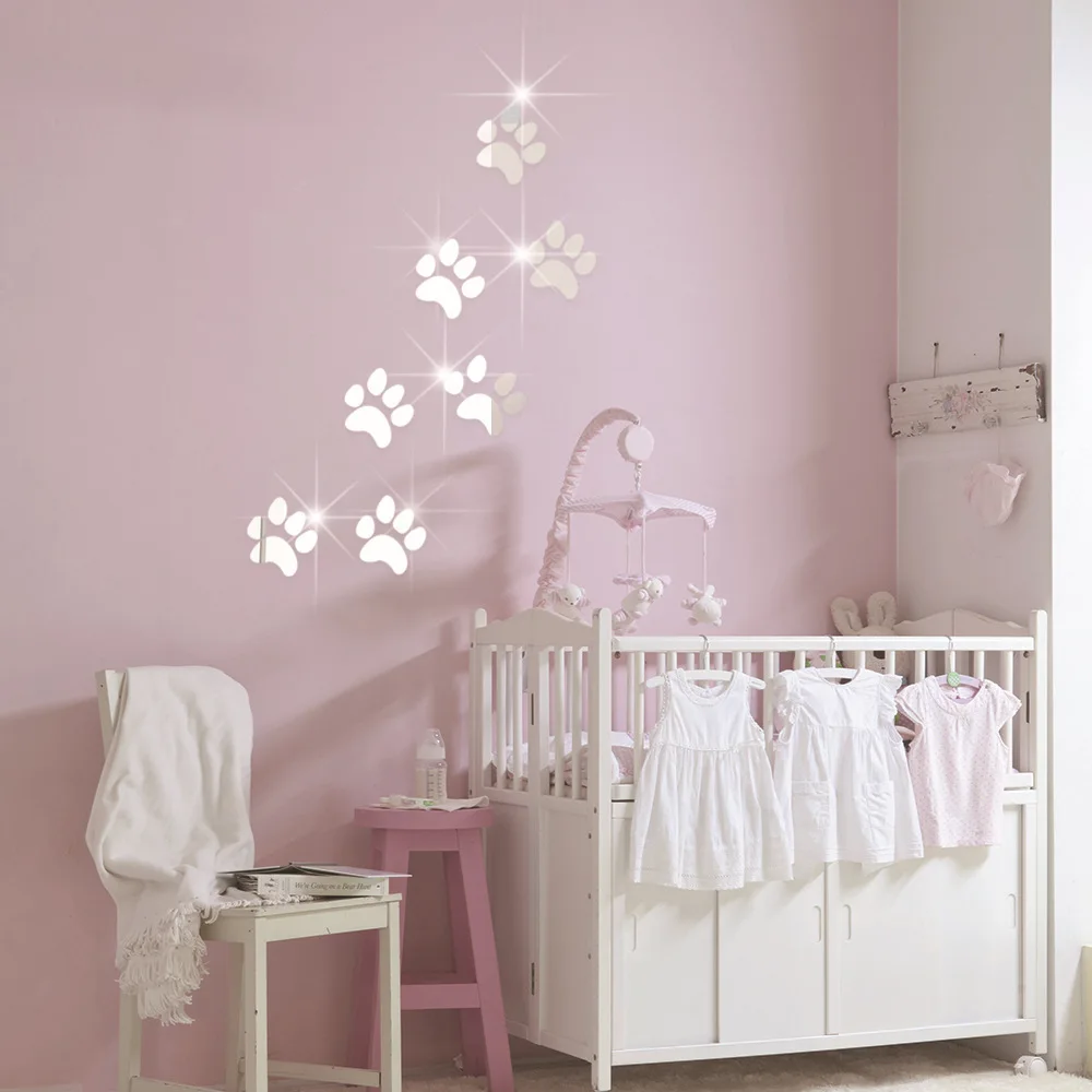 

7PCS/LOT 5 Color Options Cute Dog Footprints Self-adhesive Mirror Wall Sticker Wardrobe Children's Living Room Background