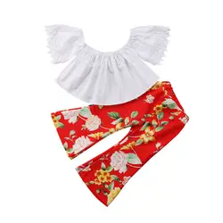 Детские для маленьких девочек Кружево цветочный с открытыми плечами Блуза Топ Брюки для девочек наряд одежда очаровательны для маленьких