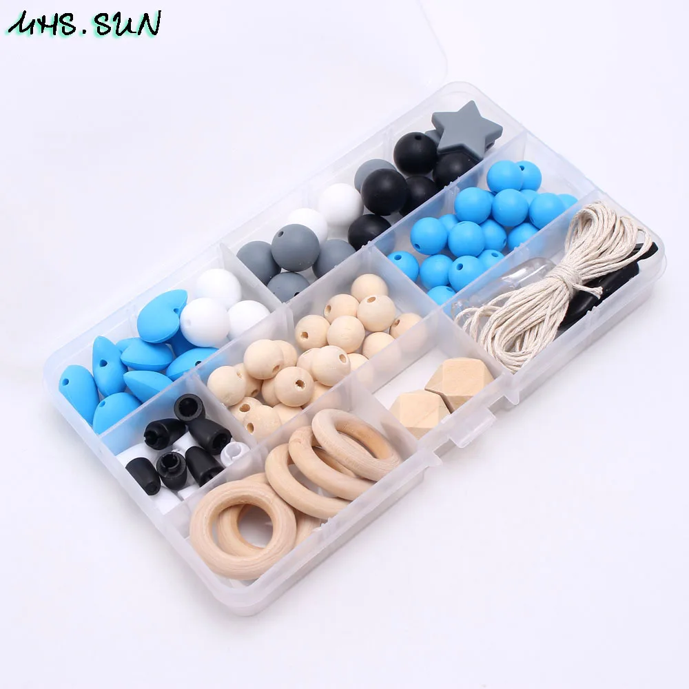 

MHS.SUN blue&black&grey silicone beads set baby teething teether original wood for handmade diy pacifier chain nursing necklace