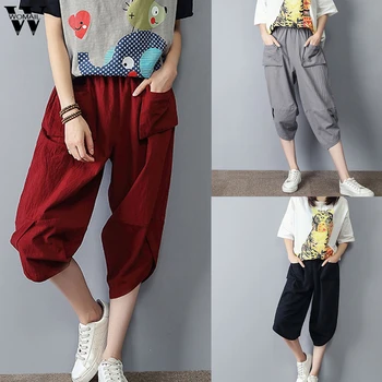 

Womail Women Pants Summer Fashion Solid Ladies Loose Trousers High Waist Calf-Length Pants with pocket Casual Daily 2019 M531