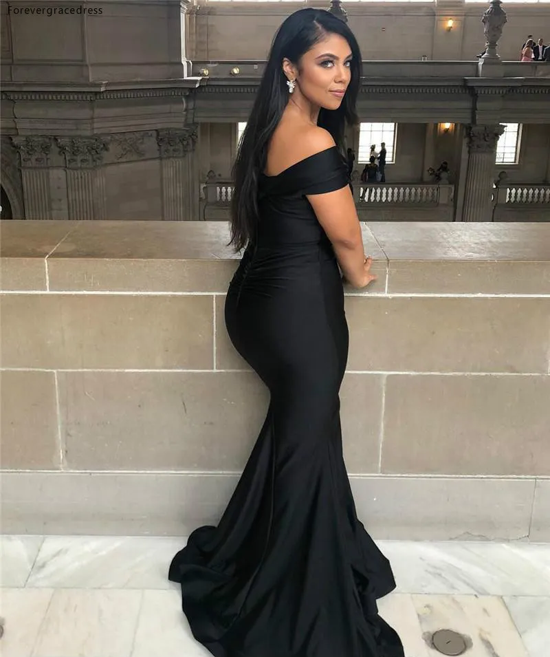Black Mermaid Bridesmaid Dresses Sexy Off Shoulder V Neck Pleats Long Wedding Guest Party Evening Gowns Prom Dress  93 (5)