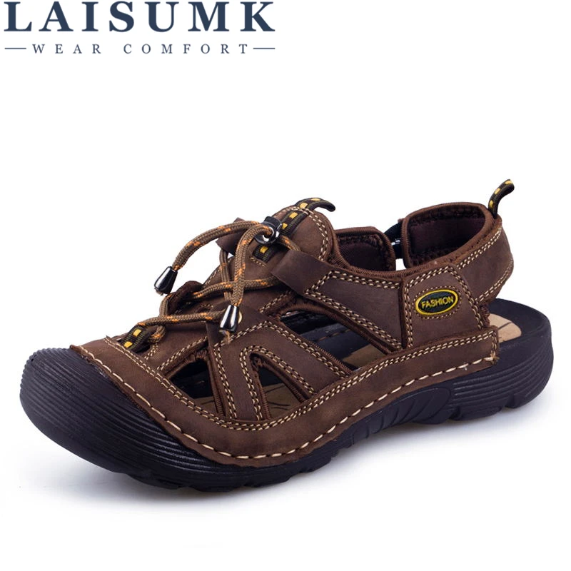 

LAISUMK Wearable Non-slip Outdoor Leather Zapatos Breathable Men Shoes Sandals Soft Sole Beach Summer Slippers Zapatillas