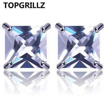 

TOPGRILLZ Silver Color Plated Iced Out Micro Pave 4mm Square CZ Stone Lab D Stud Earrings With Screw Back Hip Hop Earring