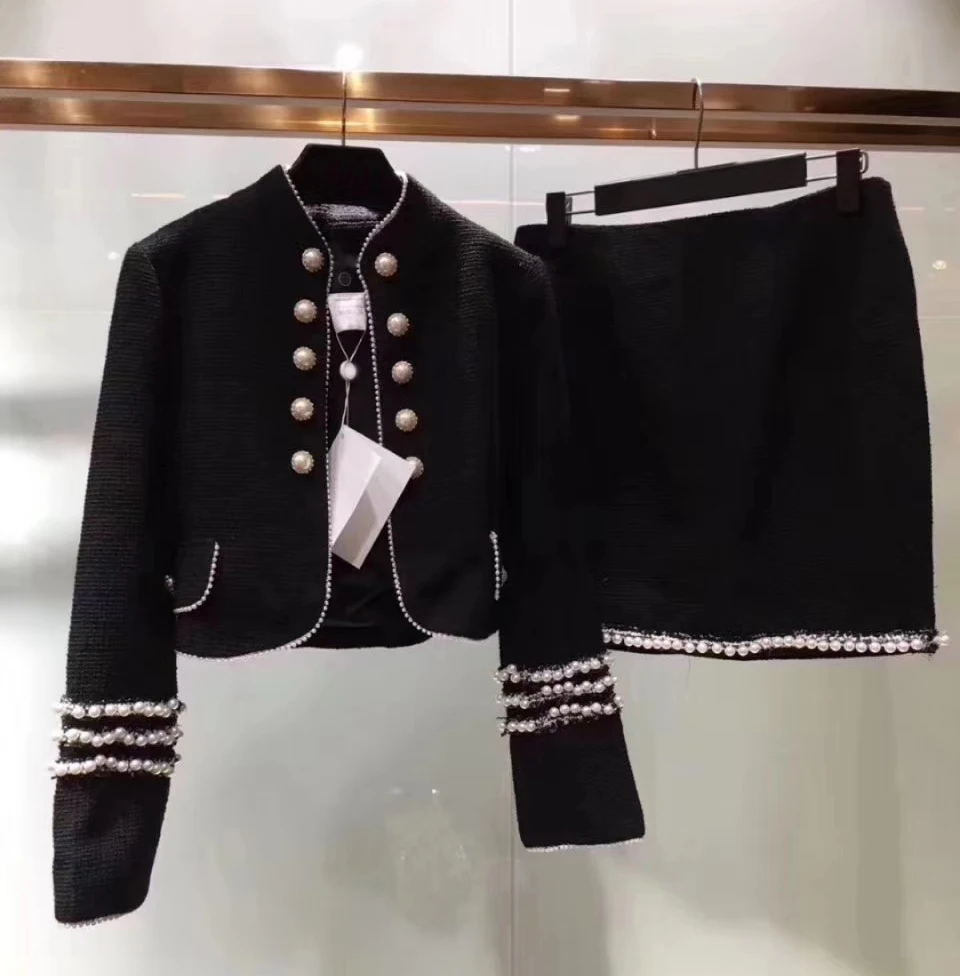 Удивительные Бисероплетение conjuntos mujer dos piezas твидовый пиджак и юбка комплект из 2 предметов Большие размеры куртка со стразами 5XL 6XL