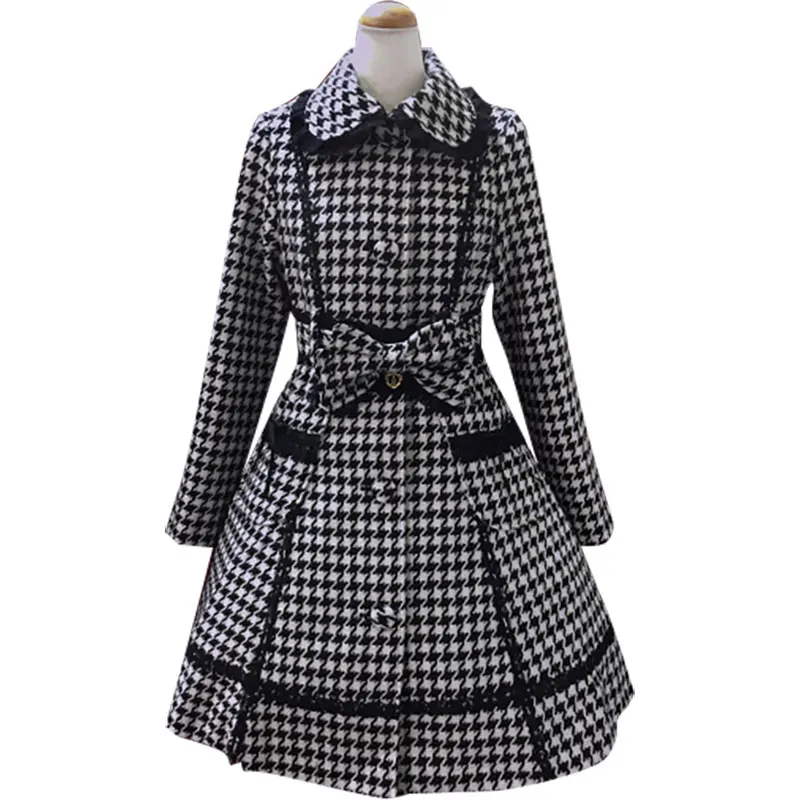 Image Women s Winter Long Houndstooth Wool Coat 2016 New Single Breasted Coat with Bow