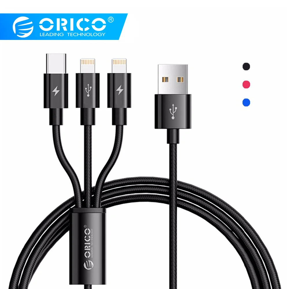 

ORICO UTS2 3 in 1 USB Cable for iPhone Fast Charging & Data Cable for Samsung Xiaomi Huawei with 2 Lighting & 1 Type C Interface